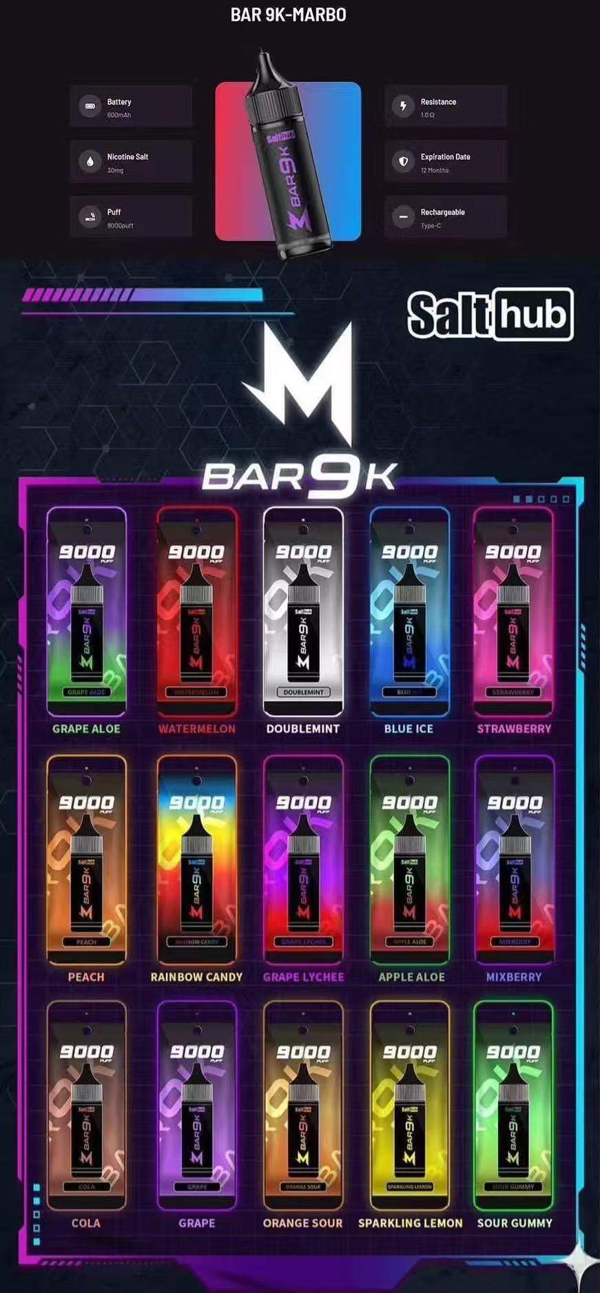 Marbo Bar 9000 拋棄式電子煙 14ml 可調氣流 15 種口味